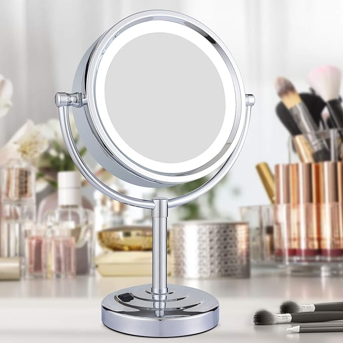 GURUN 8.5 Inch Tabletop LED Lighted Makeup Mirror with 10x Magnification Double Sided Vanity Mirror Plug Power Chrome Finish M2208D(8.5in,10x)