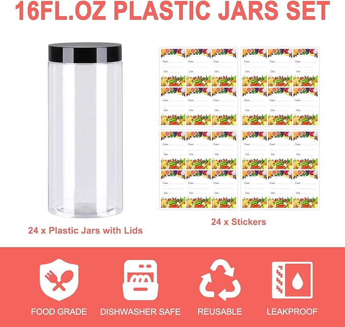 Plastic Jars with Lids 16 oz 24Pack,Empty Clear Plastic Jars with Lids for Storage, Round Leakproof Containers for Nuts,Cookies,Dried Fruit,Small Snacks(16fl.oz,set of 24)