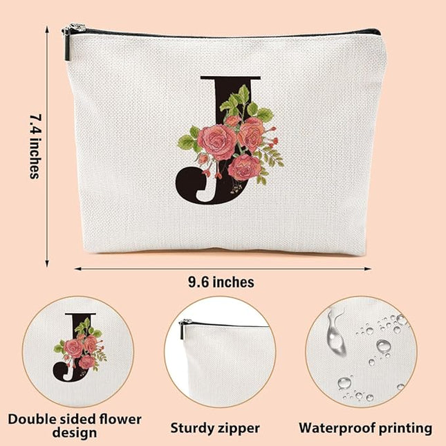 Personalized Makeup Bag, Initial Letter J Makeup Bag for Women Rose Monogram Cosmetic Bags Toiletry Pouch, Monogrammed Gifts for Women Mom Grandma Sister Friends Thanksgiving Christmas Birthday Gift