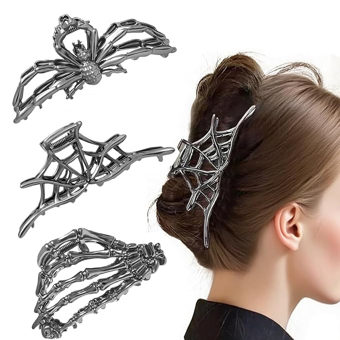 3Pack Metal Black Spider Web hair clips Skeleton Hand Skull Hair Clips for Women And Girls,Goth Accessories for Thick Hair, Claw Clips Hair Accessories Halloween Christmas Gift (Black 3Pcs)
