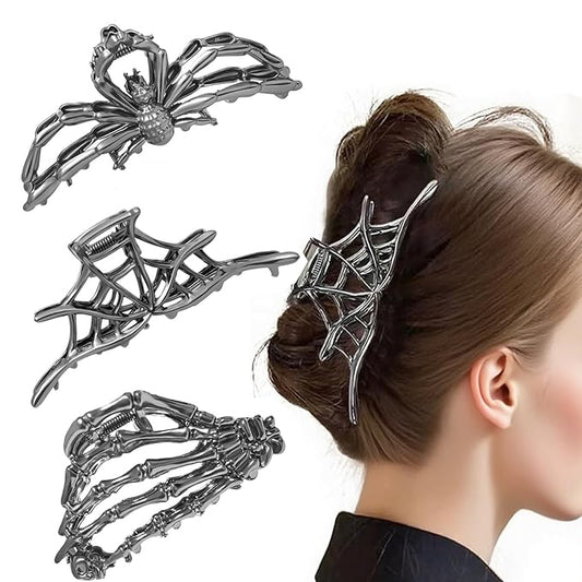3Pack Metal Black Spider Web hair clips Skeleton Hand Skull Hair Clips for Women And Girls,Goth Accessories for Thick Hair, Claw Clips Hair Accessories Halloween Christmas Gift (Black 3Pcs)