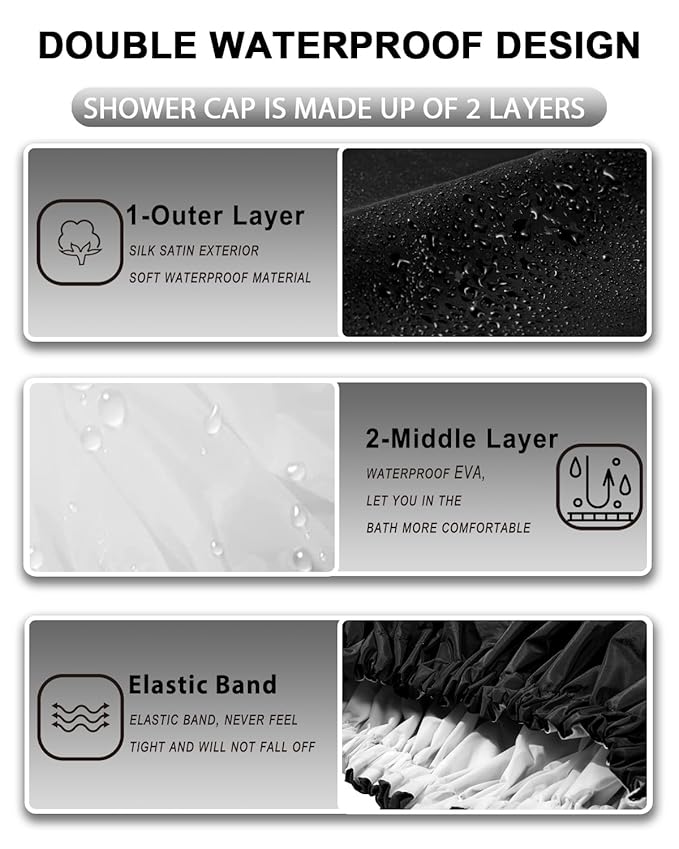 YIZIJIZI Shower Cap,Shower Caps for Women Reusable Waterproof,Two Layer Large Shower Caps Reusable Suitable for All Types of Straight Hair, Curly Hair, Long Hair,Braids (black)