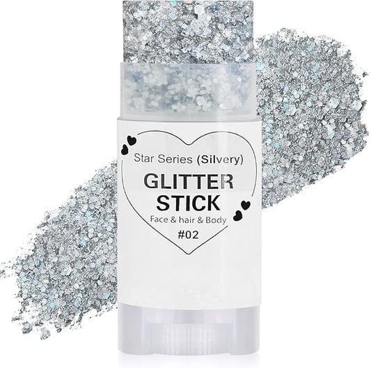Silver Hair Glitter Stick, Chunky Sequins Body Face Glitter for Kids,Rave Music Festival Singer Concert Outfits for Women,Waterproof Shimmer Accessories for Parties & Events