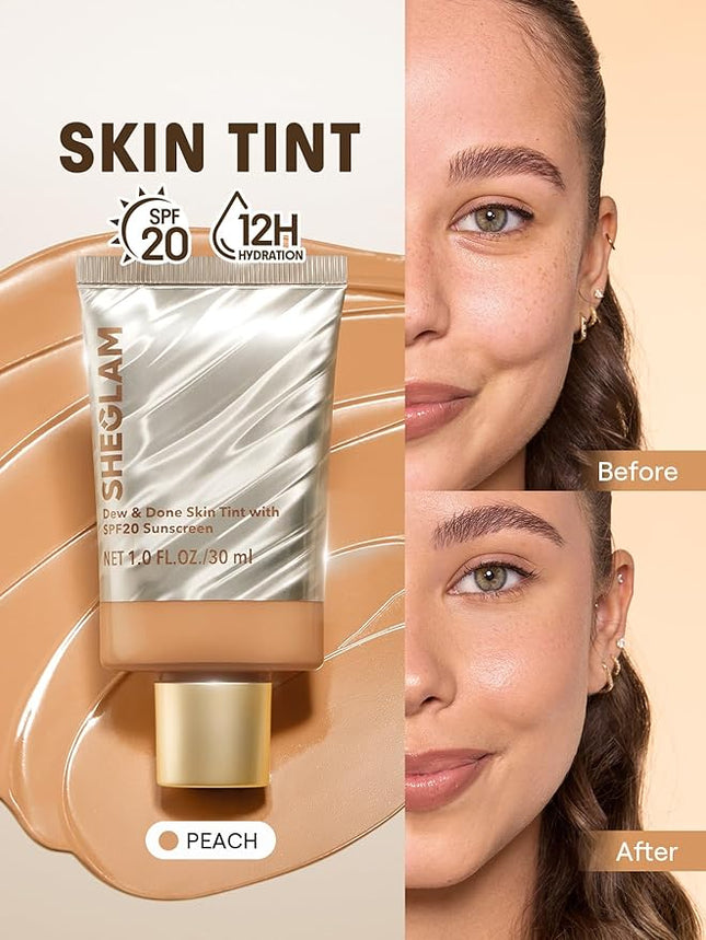 SHEGLAM Dew & Done Skin Tint with SPF20 Light-medium Coverage Foundation Evens Skin Tone-Peach