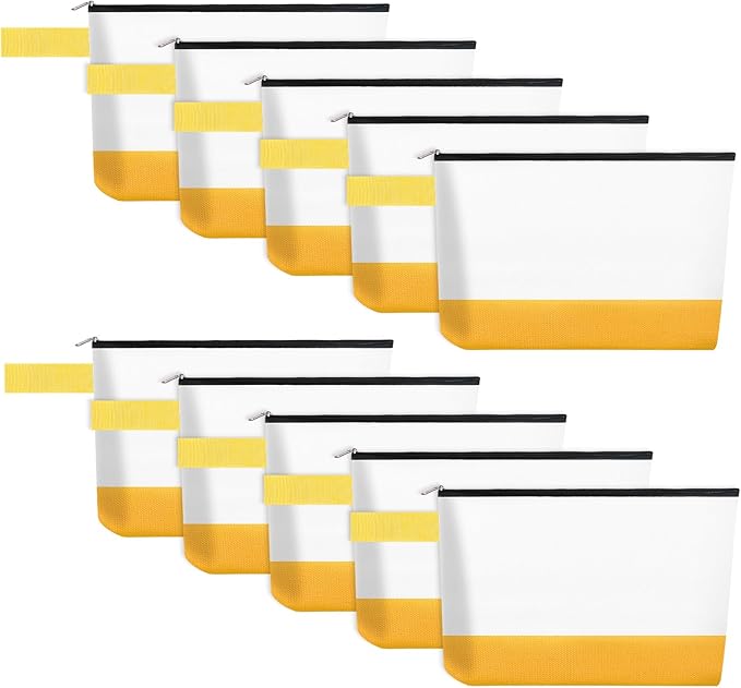 10 Pieces Cotton Canvas Makeup Bag with Bottom and Strap, Multi-Purpose Cosmetic Bag with Zipper Travel Toiletry Pouch, Blank DIY Craft Bag (White&Yellow, XS)