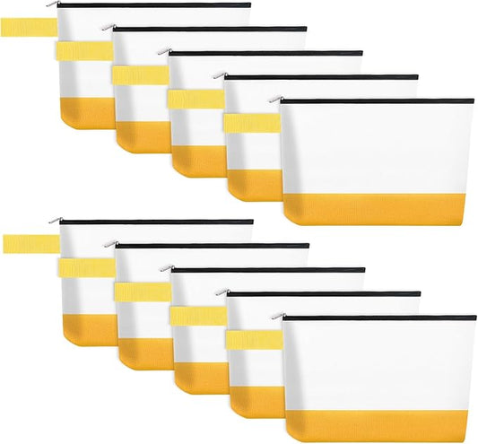 10 Pieces Cotton Canvas Makeup Bag with Bottom and Strap, Multi-Purpose Cosmetic Bag with Zipper Travel Toiletry Pouch, Blank DIY Craft Bag (White&Yellow, XS)