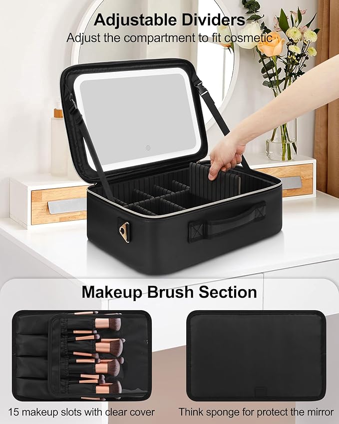 Chomeiu Makeup Bag with LED Mirror, Large Train Case for Makeup Artists, 16.2 inches Travel Professional Cosmetic Organizer with Light Up Mirror, 3 Color Lights, Brush Holder & Shoulder Strap (Black)