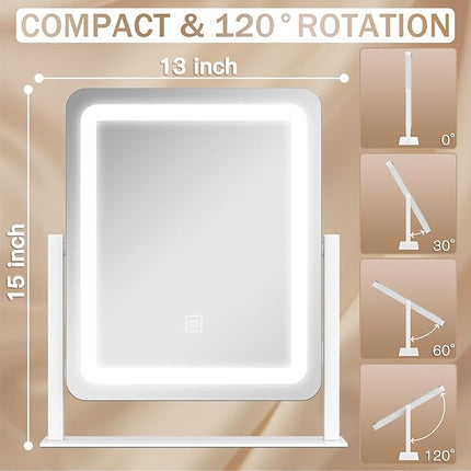 ROLOVE Lighted Makeup Mirror, Vanity Mirror with Lights for Desk Tabletop, Smart Touch with 3-Color Lighting,Dimmable, 360° Rotation, White, 13"x15"