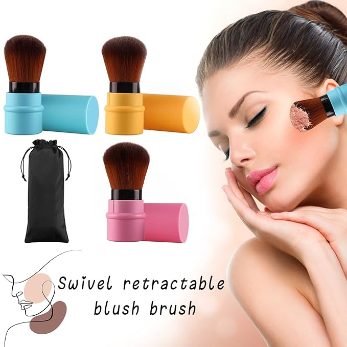 Vtrem Retractable Kabuki Brushes Travel Face Blush Brush Makeup Brush Portable Small Soft Powder Brush with Cover for Blush, Bronzer, Buffing, Flawless Powder, Cosmetics Tool, Blue/Red/Yellow