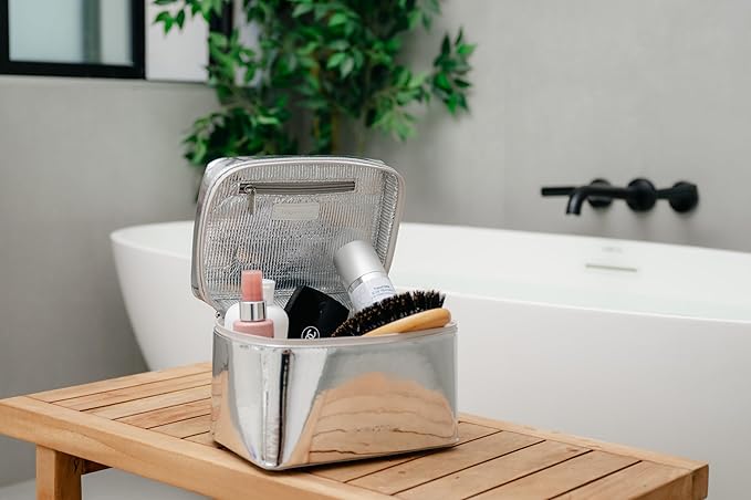 Large Insulated Metallic Silver Travel Makeup Case - Waterproof Vegan Leather Beauty Travel Skincare Bag - Heat-Resistant Zippered Designer Makeup Bag Shields Cosmetics from Melting, Freezing