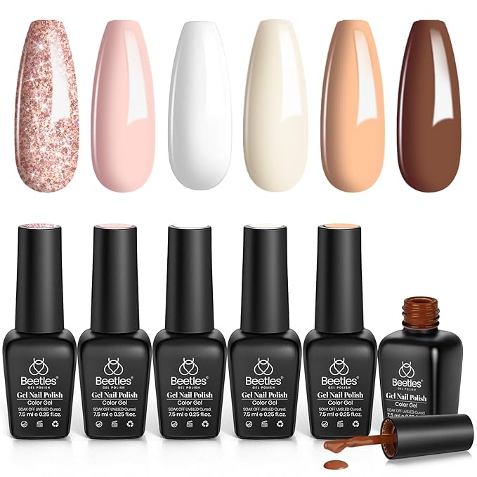 Beetles Fall Gel Nail Polish Set, 6 Colors Nude Brown Pink Milky White Glitter Gel Polish Set Soak Off Uv Led Lamp Manicure Gifts for Women