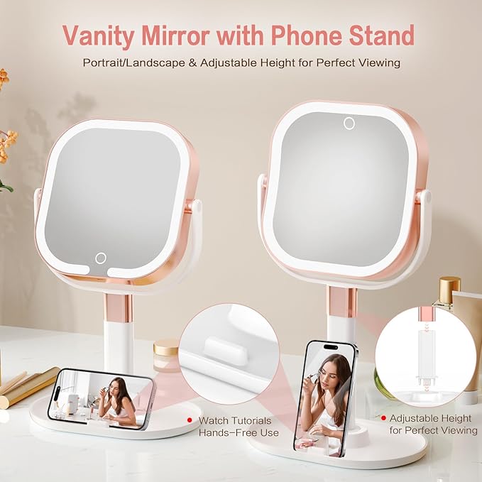 Makeup Mirror with Lights, 1X/10X Magnifying Vanity Mirror with 3 Colors, 2000mAh Rechargeable Double Sided Magnifying Mirror, Height Brightness Adjustable, 360° Rotation Vanity
