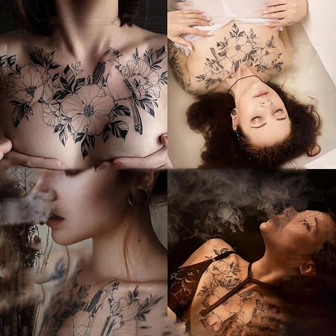 Large Temporary Tattoos Women Temporary Neck Tattoos Temporary Realistic Flower Chest Tattoo for Adults (Temporary Tattoos Sticker 3)