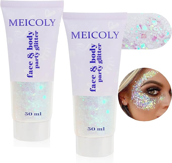 MEICOLY 2pcs Clear White Face Body Glitter,Mermaid Face Glitter Gel,Singer Concerts Festival Rave Accessories,Chunky Sequins Glitter Face Paint for Women and Kids,Sparkling Glitter Makeup