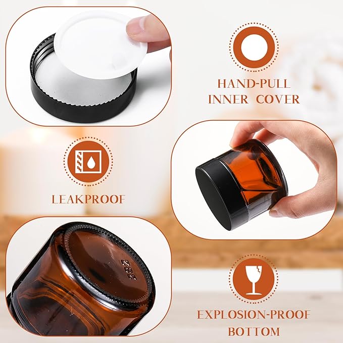 Domensi 48 Pcs 2 oz Glass Jars with Lids Travel Size Round Leakproof Empty Cosmetic Jars with Inner Liners Lid for Storing Makeup Lotions Face Cream Ointments Candle DIY Making (Amber)