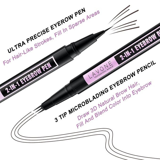 LAVONE Eyebrow Pencil, 2-In-1 Waterproof Eyebrow Pen, with 3 Tip Microblading Eyebrow Pen and Ultra-Precise Brow Pencil, Dual-ended Eyebrow Brush, for Eyebrow Makeup - Dark Coffee