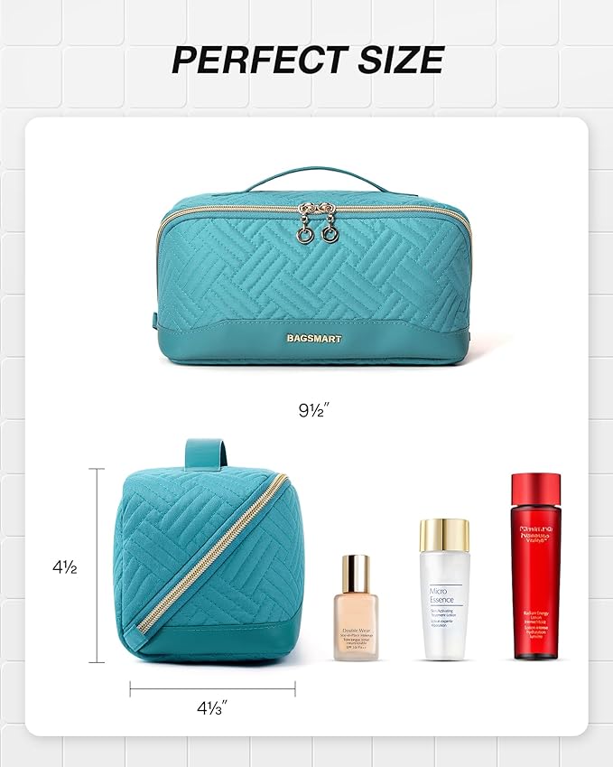 BAGSMART Makeup Bag Cosmetic Bag, Travel Makeup Bag,Water-resistent Makeup Bags for Women Portable Pouch Open Flat Make Up Organizer Bag for Toiletries, Brushes, Teal