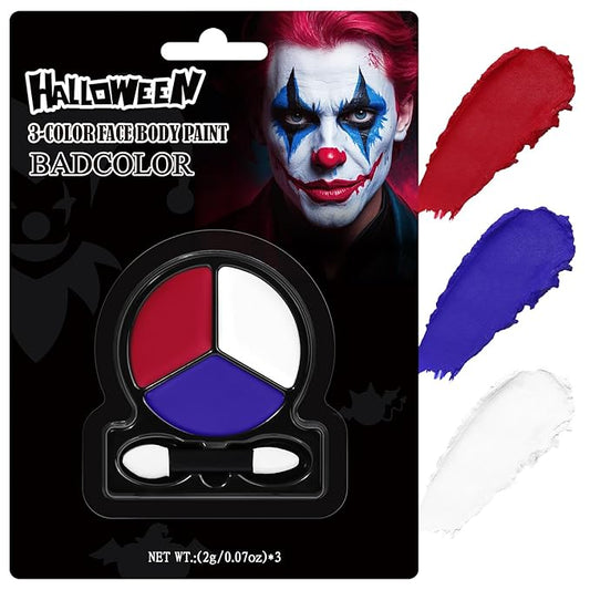 Red White Blue Face Body Paint with Applicator, Face Painting Kit for Halloween Crazy Clown Costume Makeup, US Flag Color 4th of July Independence Day America’s Patriotic Parades & Sports Eye Black