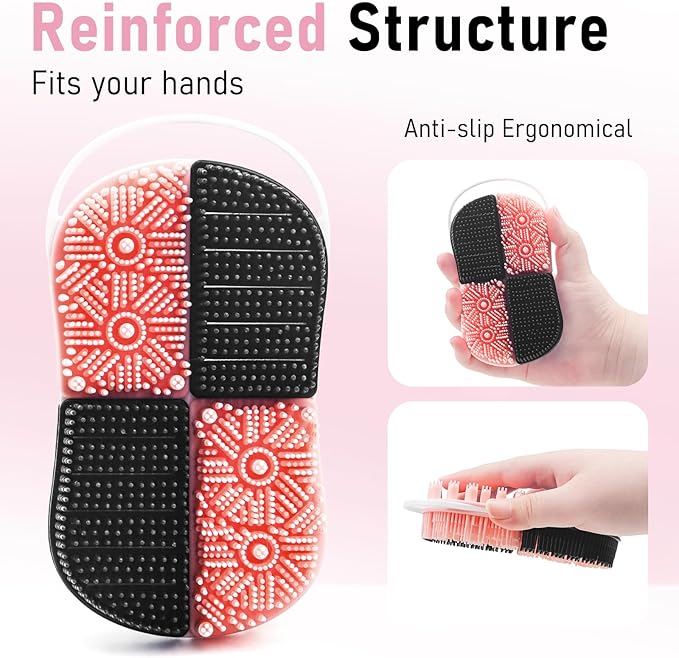 2 in 1 Silicone Body Hair Scrubber Upgraded Bristles Exfoliator Massage Shower Bathing Bath Women Brush Scrubbers for All Skin Body Wash (1pc Black + Pink)