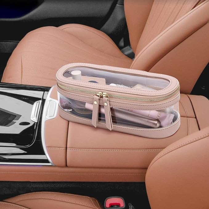 Pinkmik Makeup Brush Case Clear Travel Cosmetic & Toiletry Bag Slim Makeup Bag with Zipper Small Purse Organizer Car Essential Bag for Women (Pink, SLIM-2)