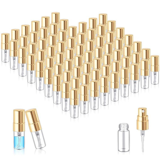 Zhehao 100 Pcs Mini Spray Bottles 2 ml Clear Glass Perfume Bottles Refillable Fine Mist Perfume Atomizer Portable Empty Sample Containers for Cleaning, Essential Oils, Travel (Gold Cap)