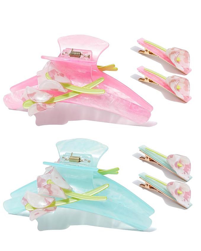 ACECHA Tulip Flower Acrylic Hair Clip Set, 6 Piece Large Claw Clips & No Crease Hair Clips for Thin and Thick，Non-Slip Hair Grip Hairclips for Makeup, Salon, Strong Hold Jaw Clamps (Pink & Green)