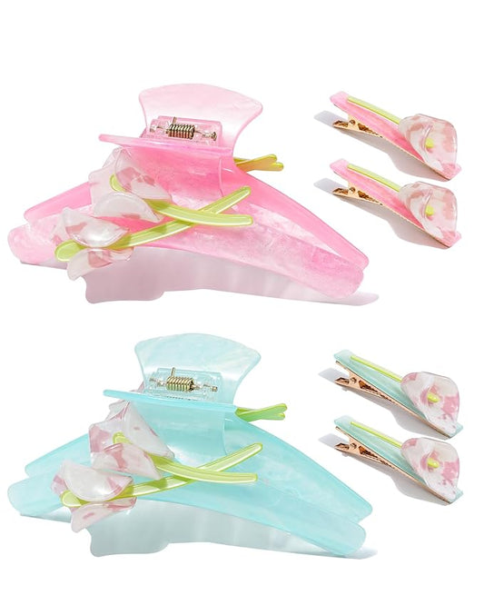 ACECHA Tulip Flower Acrylic Hair Clip Set, 6 Piece Large Claw Clips & No Crease Hair Clips for Thin and Thick，Non-Slip Hair Grip Hairclips for Makeup, Salon, Strong Hold Jaw Clamps (Pink & Green)