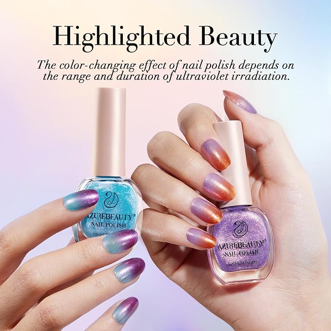 AZUREBEAUTY Sunlight Color Changing Nail Polish Set Quick Dry Blue Purple Mermaid Series 2 Colors Spring Summer Nail Lacquer Natural Fingernail Kit DIY Women Gifts 0.34oz