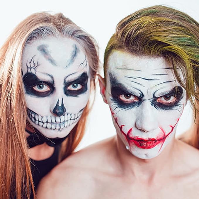 MEICOLY Black White Red Face Body Paint with Setting Powder and Sponges,Clown White Devil Joker Face Paint Makeup,Waterbased Body Paint,Halloween Face Painting for Vampire Skeleton Spiderman