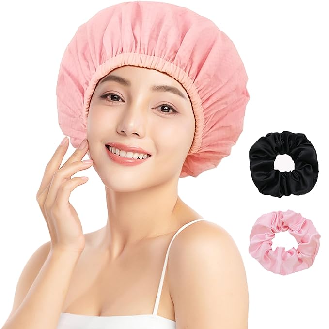 Shower Cap for Women, Shower Caps for Women Reusable Waterproof, Satin Lined Shower Cap, Hair Cap for Shower, Large Plastic Double Layers Bath Caps for Curly Hair Braids