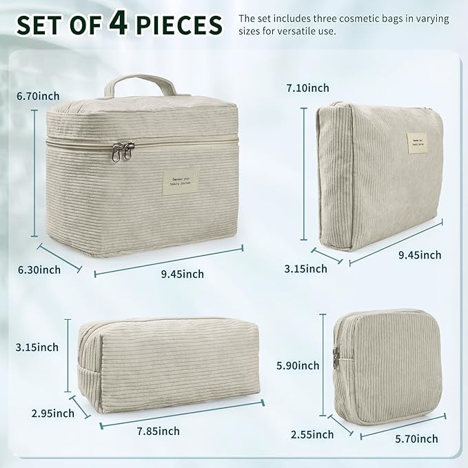 4 Pcs Makeup Bag for Women Corduroy Cosmetic Bag Aesthetic Cute Bags Multi Size Purse Pouch Travel Toiletry Bag Set Makeup Organizer with Zipper(Beige)