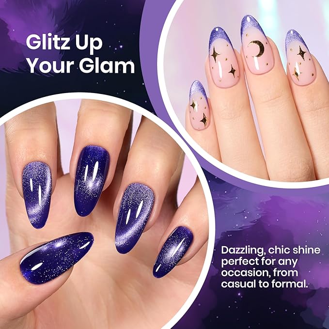 Beetles Cat Eye Gel Nail Polish, 15ML Purple Cat Eye Holographic Glitter Gel Polish with Magnet Soak Off UV Shimmer Velvet Gel Celestial Veil Series French Nail Art Design Manicure Gifts for Women
