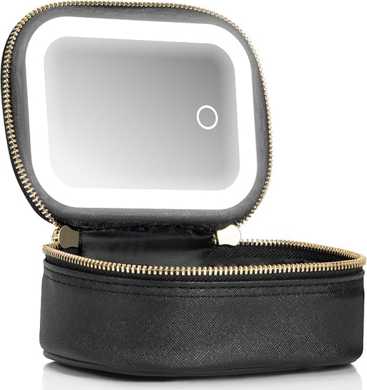 Small Makeup Bag with Led Mirror, Mini Travel Make up Bag 3 Light Modes Adjustable Brightness, for Women Organizer Cosmetic Bag, Portable Travel Train Toiletry Bag, for Pool Parties Work Touch-Ups