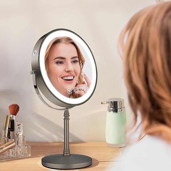 9" Large Lighted Makeup Mirror, 1X/10X Magnifying Mirror with Light, 3 Colors Brightness Adjustable, Rechargeable Double Sided Vanity Mirror with 80 LED Lights Grey