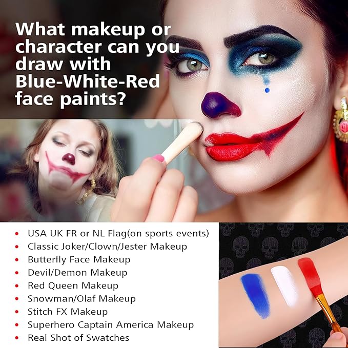 Water-Based Red White Blue Patriotic Face Body Paint Kit with Brushes for 4th of July, Halloween Cosplay and Sports Events