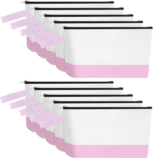 10 Pieces Cotton Canvas Makeup Bag with Bottom and Strap, Multi-Purpose Cosmetic Bag with Zipper Travel Toiletry Pouch, Blank DIY Craft Bag (White&Pink, S)
