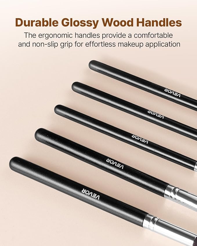 VEVOR 15-Piece Makeup Brush Set for Foundation Blending Eyeshadow, Professional Vegan Brushes with Soft Synthetic Bristles, Ergonomic Wood Handle & Aluminum Ferrule, Portable and Travel-Friendly