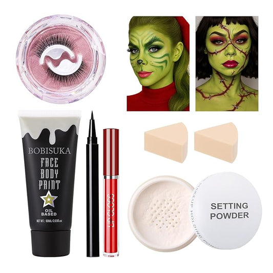 6 PCS Halloween Witch Makeup Set - Includes Ogre Green Face Body Paint(60ml), Black Eyeliner, False Eyelashes, Red Lipstick - Oil-Based SFX Face Painting Kit for Costume, Cosplay, Dress-Up Party