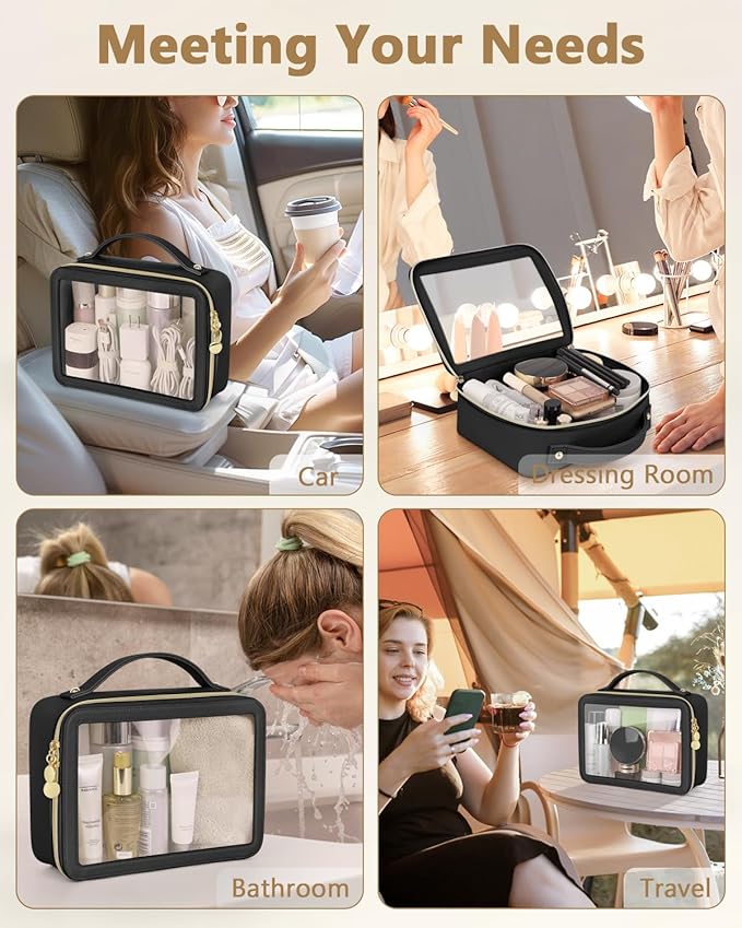 Clear Makeup Bag, Portable Travel Cosmetic Bags, Multipurpose Leather Toiletry Bag with Zipper, Waterproof Transparent Cosmetic Organizer for Women, Large, Black