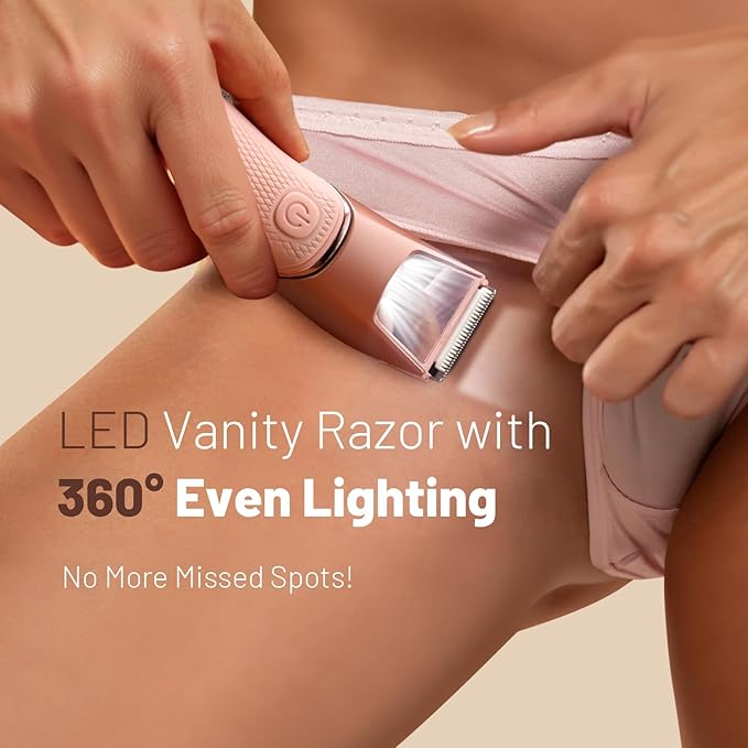 Bikini Trimmer for Women: Pubic Hair Razor with Mirror & LED Light, Electric Shaver with Ceramic Blades & Travel Lock - Body Groomer IPX7 Waterproof Use for Legs/Arm/Underarm
