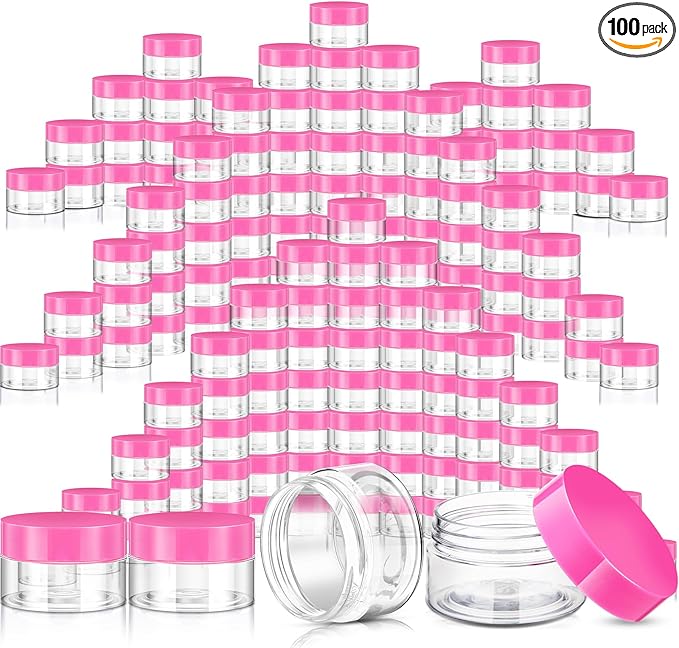 SATINIOR 100 Pcs Plastic Jars with Lids Small Containers Lids Wide Mouth Small Plastic Containers for Lotion Cream Rhinestones Body Butters Travel Storage(2 oz,Pink)
