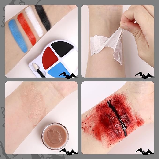 BOBISUKA Halloween Zombie Makeup Kit with 4 Colors Face Body Paint & Applicator, Fake Blood, Liquid Latex and Scar Wax SFX Makeup Set for Vampires Wounds Clown Cosplay Special Effects Makeup