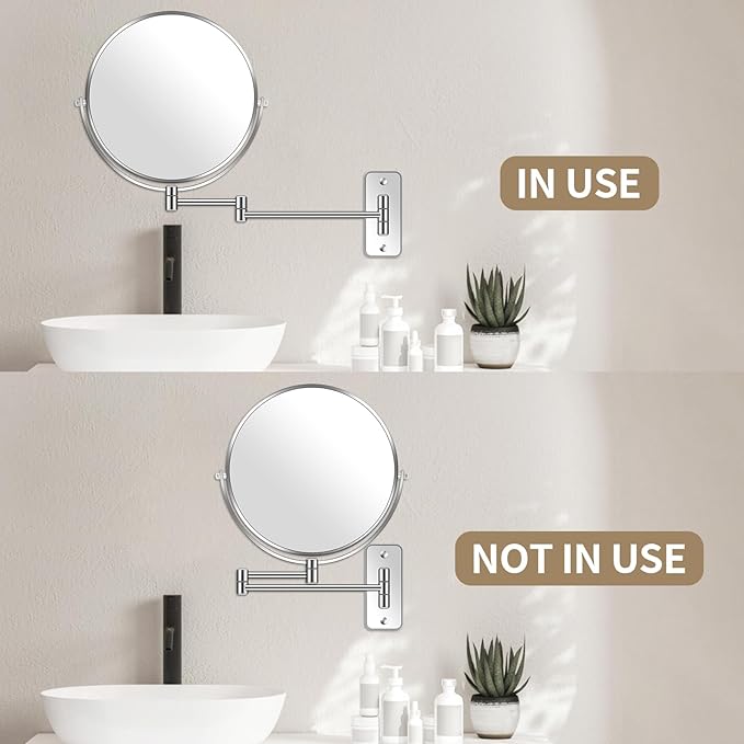 8” Wall Mounted Magnifying Makeup Mirror 1X/7X Wall Mount Mirror Swing Arm Two-Sided 360° Swivel Bathroom Shaving Mirror for Men and Women in Hotel/Home, Chrome