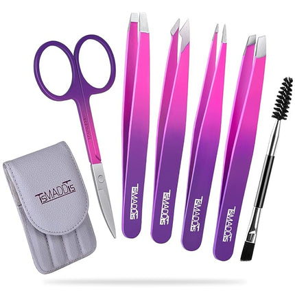 Eyebrow Tweezer Set, TsMADDTs 6 pcs Tweezers Set for Women with Curved Scissor for Ingrown Hair, Hair Plucking Daily Beauty Tools (Pink&Purple)