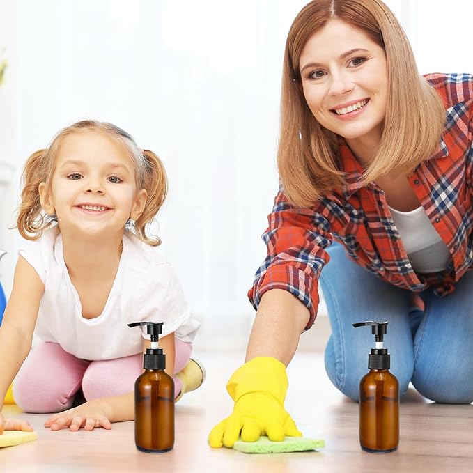 Tanlade 12 Pcs Glass Pump Bottle Dispenser 4 oz Travel Bottles with Pump Refillable Glass Containers for Toiletries Lotion Liquid Soap Shampoo Essential Oils Cosmetic Travel Accessories(Amber)