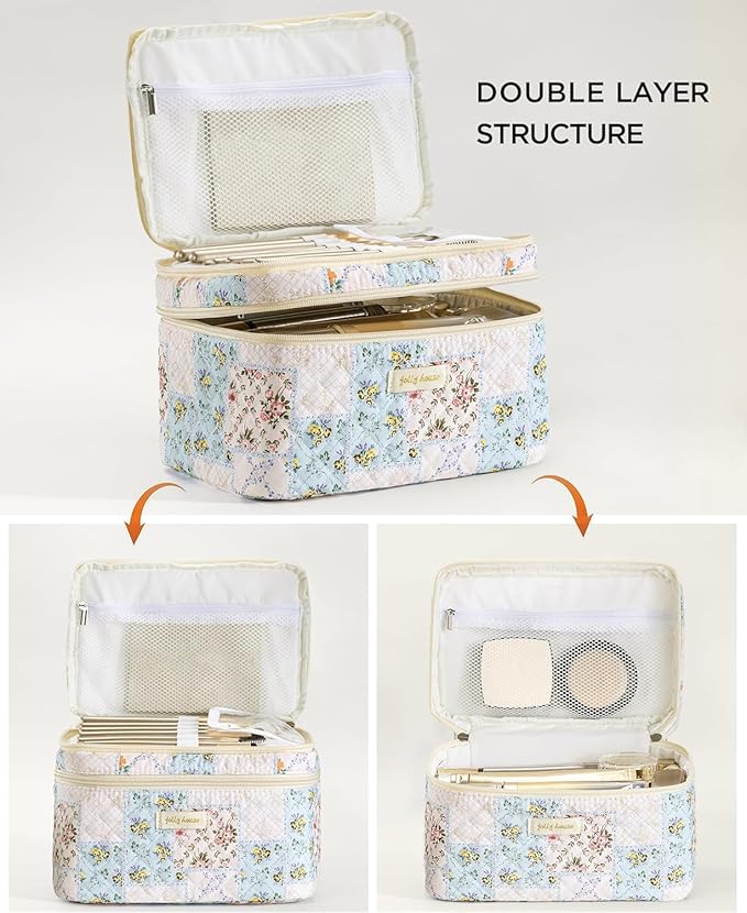 HBselect 2Pcs Travel Makeup Bag, Large Cotton Quilted Makeup Bag Cosmetic Bag Cute Make up Bag Toiletry Bags for Women Girls