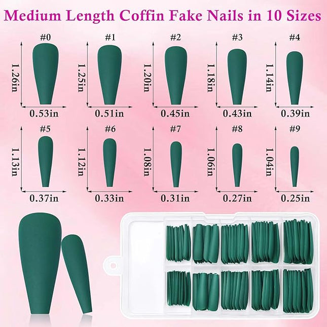 LoveOurHome 100pc Coffin Press on Nails Long Fake Nails Matte Full Cover False Nails Press ons Artificial Nail Medium Ballerina Fake Fingernail Green Presson on Nail Tips for Women Kids Girls