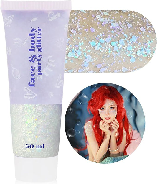 Chameleon Iridescent White Face Glitter,Color Changing Mermaid Body Glitter Gel,Chunky Glitter Face Paint,Sparkling Sequin for Face Body Hair,Halloween Festival Party Glitter Makeup,50ml