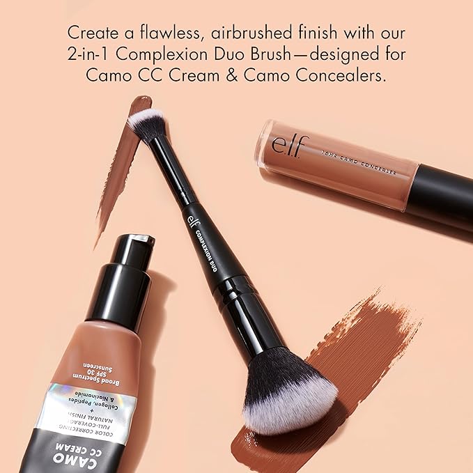 e.l.f. Complexion Duo Brush, Makeup Brush For Applying Foundation & Concealer, Creates An Airbrushed Finish, Made With Vegan, Cruelty-Free Bristles