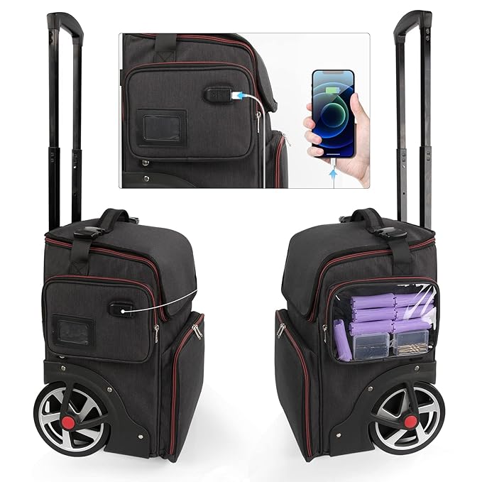 Large Makeup Train Case,Cosmetic Makeup Case for Hairstylist, Hairdresser Bag with Detachable Pouch,Heat Insulation and Anti-scalding Full layer for Hairdressing Tool Organizer Trolley with wheels